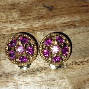 Elegant Vintage Gold Tone and Pink Rhinestone Clip On Earrings